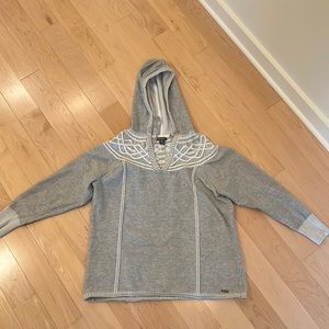 Eddie Bauer Womens Pullover Sweater Gray White Heathered Hooded V Neck